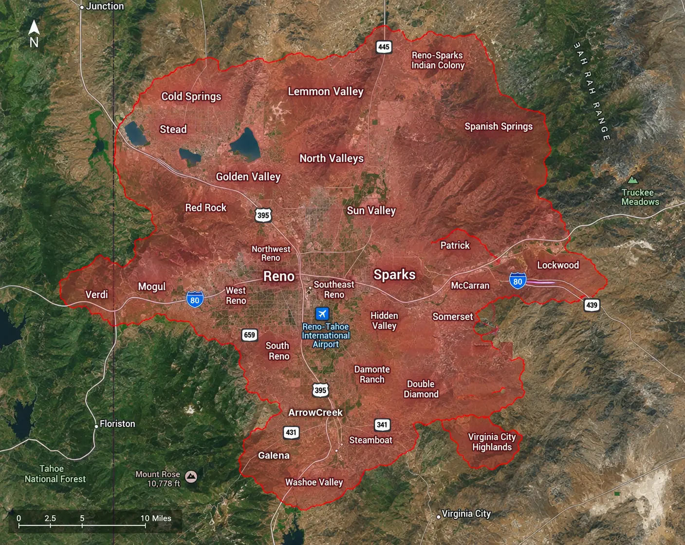 JUNK.99$ junk removal service area map covering Reno, Sparks, Spanish Springs, North Valleys, South Reno and nearby communities
